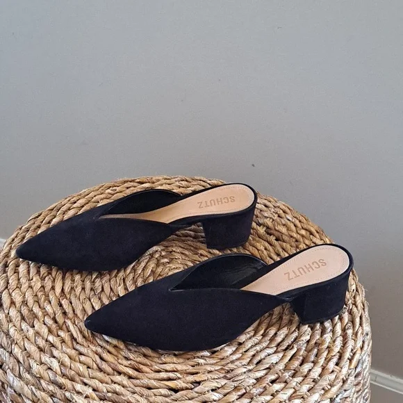 SCHUTZ Womens Dauani Black Suede Pointed Toe Mule 2.5" Heels S-8.5 - Picture 2 of 8